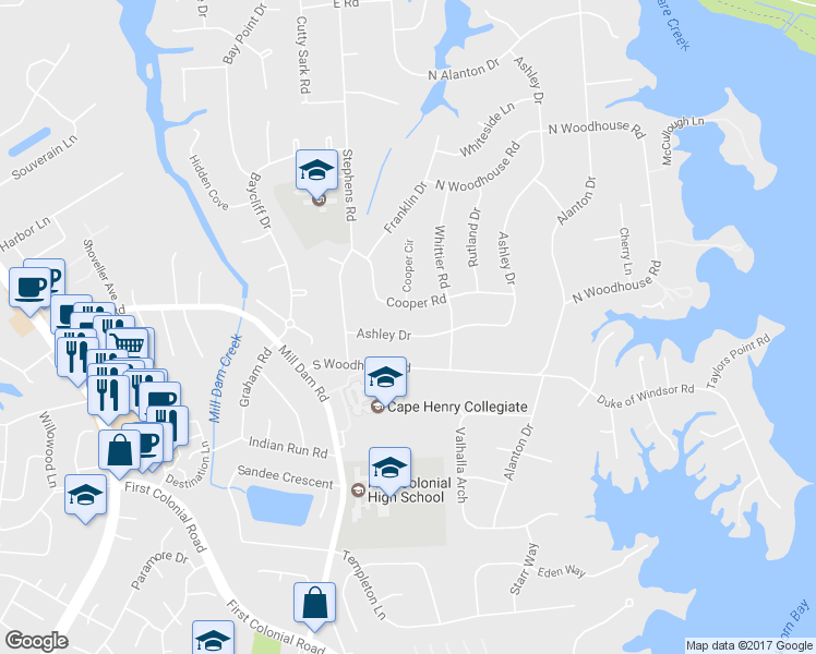 map of restaurants, bars, coffee shops, grocery stores, and more near 1808 Ashley Drive in Virginia Beach