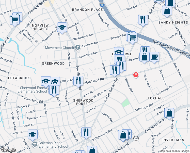 map of restaurants, bars, coffee shops, grocery stores, and more near 4864 Robin Hood Road in Norfolk