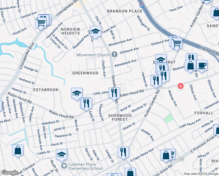 map of restaurants, bars, coffee shops, grocery stores, and more near 4730 Little John Drive in Norfolk