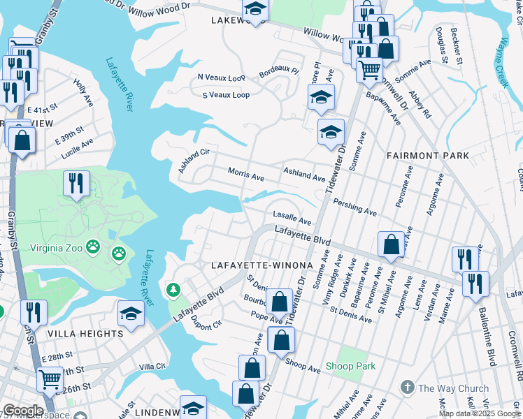 map of restaurants, bars, coffee shops, grocery stores, and more near 1607 Lasalle Avenue in Norfolk