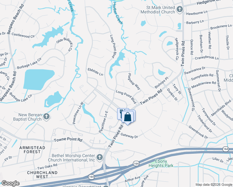 map of restaurants, bars, coffee shops, grocery stores, and more near 3836 Long Point Boulevard in Portsmouth