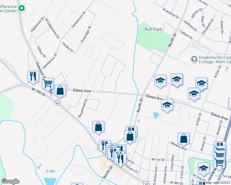 map of restaurants, bars, coffee shops, grocery stores, and more near 1355 Glass Avenue in Hopkinsville