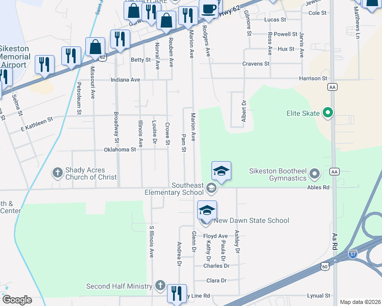 map of restaurants, bars, coffee shops, grocery stores, and more near 405 Marion Avenue in Sikeston
