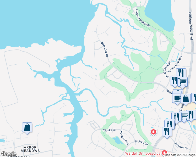 map of restaurants, bars, coffee shops, grocery stores, and more near 5100 Regatta Pointe Road in Suffolk