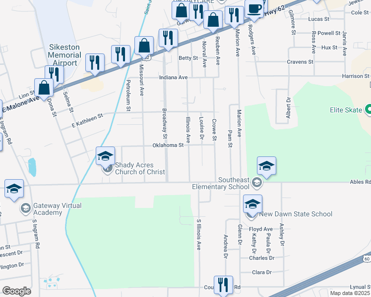 map of restaurants, bars, coffee shops, grocery stores, and more near 401 South Illinois Avenue in Sikeston