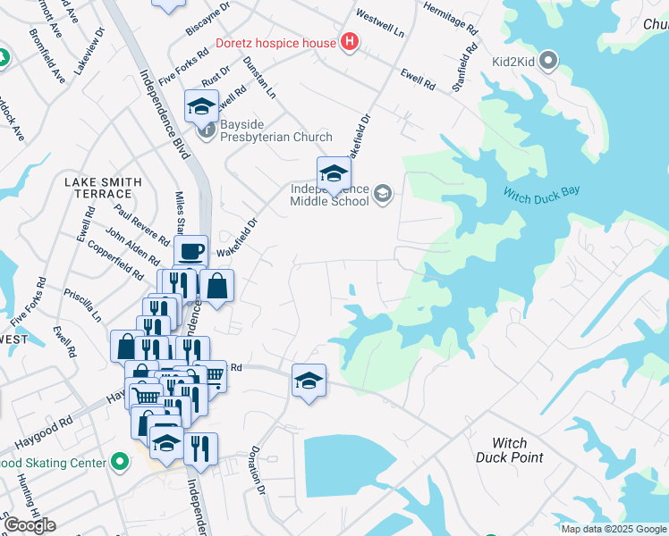 map of restaurants, bars, coffee shops, grocery stores, and more near 1124 Battle Royal Circle in Virginia Beach