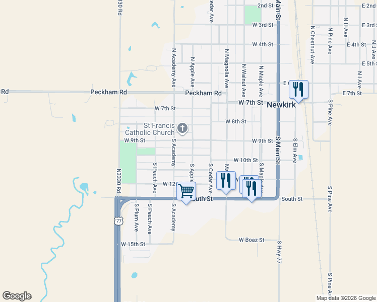 map of restaurants, bars, coffee shops, grocery stores, and more near 320 South Apple Avenue in Newkirk