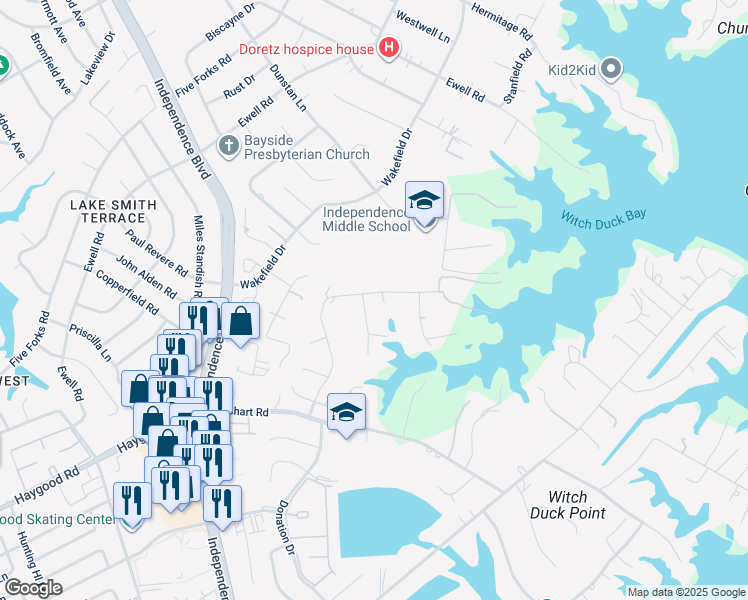 map of restaurants, bars, coffee shops, grocery stores, and more near 1124 Battle Royal Circle in Virginia Beach
