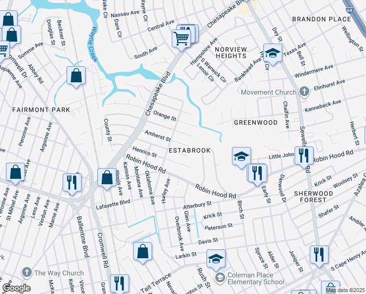 map of restaurants, bars, coffee shops, grocery stores, and more near 3725 Amherst Street in Norfolk
