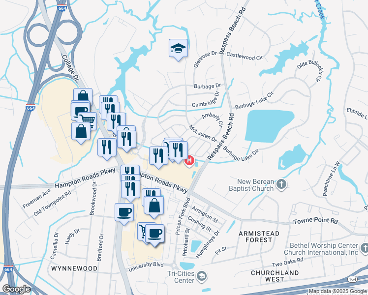map of restaurants, bars, coffee shops, grocery stores, and more near 214 Rockwood Place in Suffolk