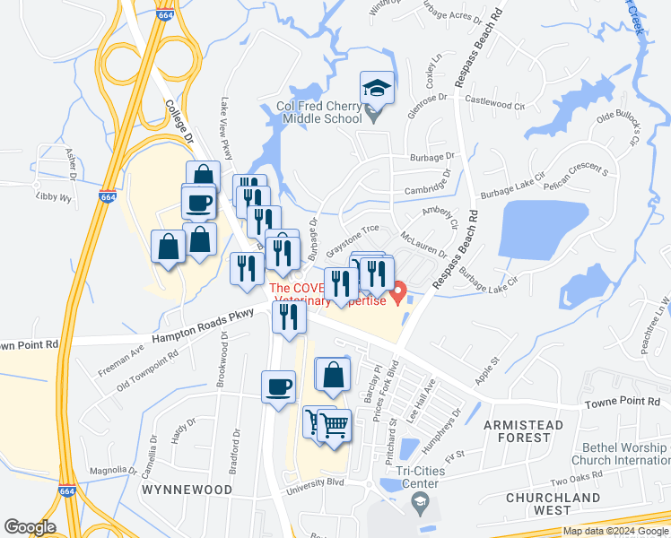 map of restaurants, bars, coffee shops, grocery stores, and more near 126 Graystone Trace in Suffolk