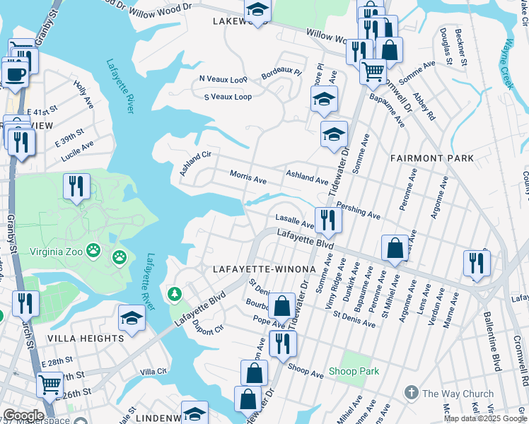 map of restaurants, bars, coffee shops, grocery stores, and more near 1607 Lasalle Avenue in Norfolk