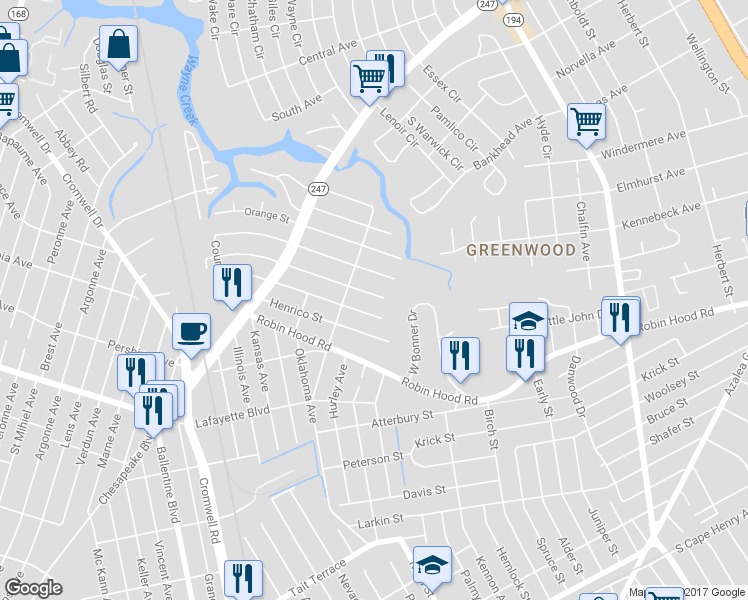 map of restaurants, bars, coffee shops, grocery stores, and more near 3725 Amherst Street in Norfolk