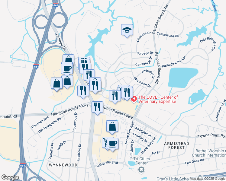 map of restaurants, bars, coffee shops, grocery stores, and more near 126 Graystone Trace in Suffolk