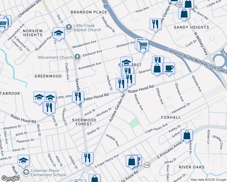 map of restaurants, bars, coffee shops, grocery stores, and more near 4890 Robin Hood Road in Norfolk
