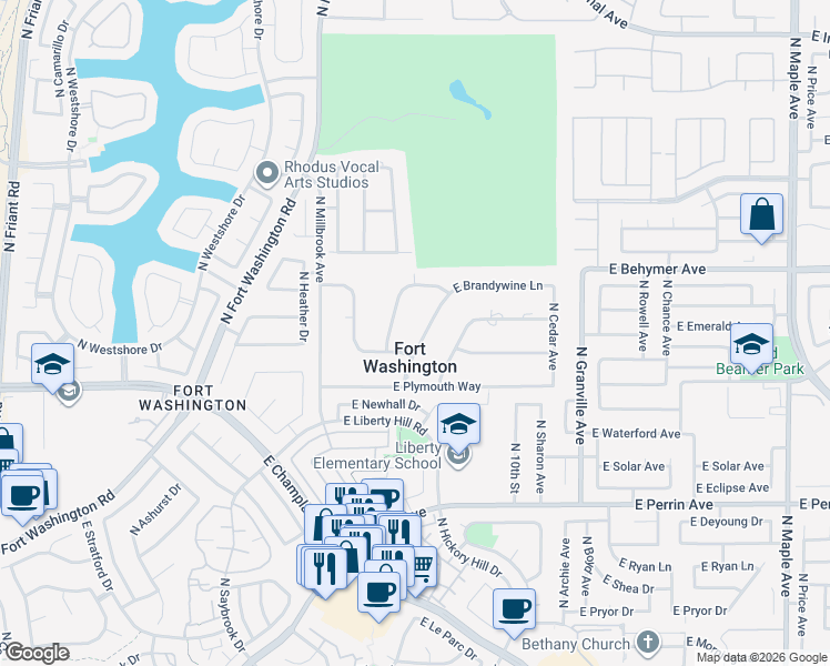 map of restaurants, bars, coffee shops, grocery stores, and more near 9820 North Yorktown Drive in Fresno