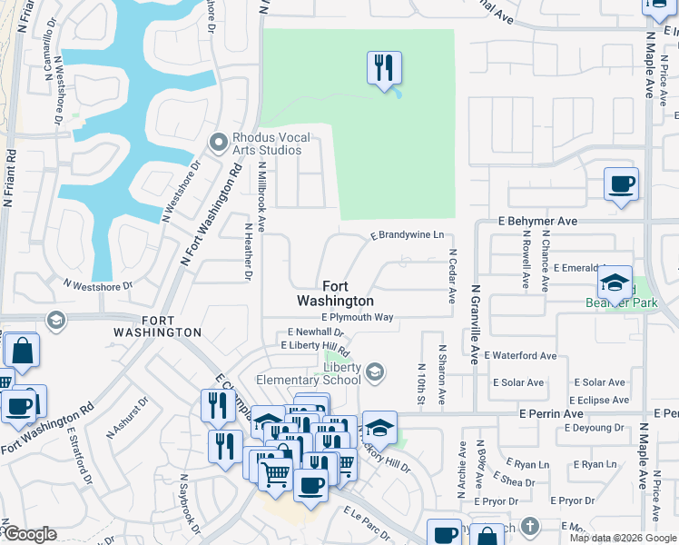 map of restaurants, bars, coffee shops, grocery stores, and more near 9820 North Yorktown Drive in Fresno
