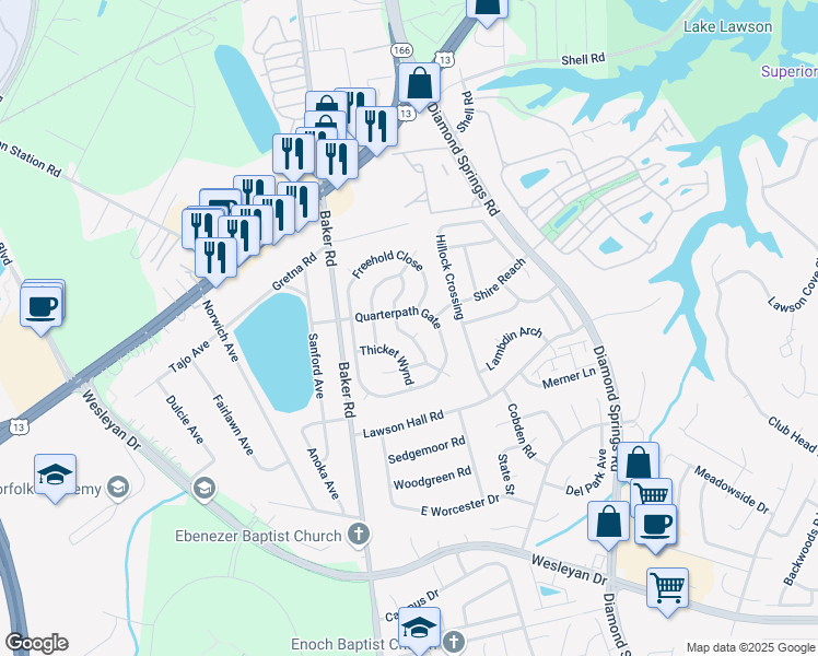 map of restaurants, bars, coffee shops, grocery stores, and more near 1025 Capstone Crossing in Virginia Beach