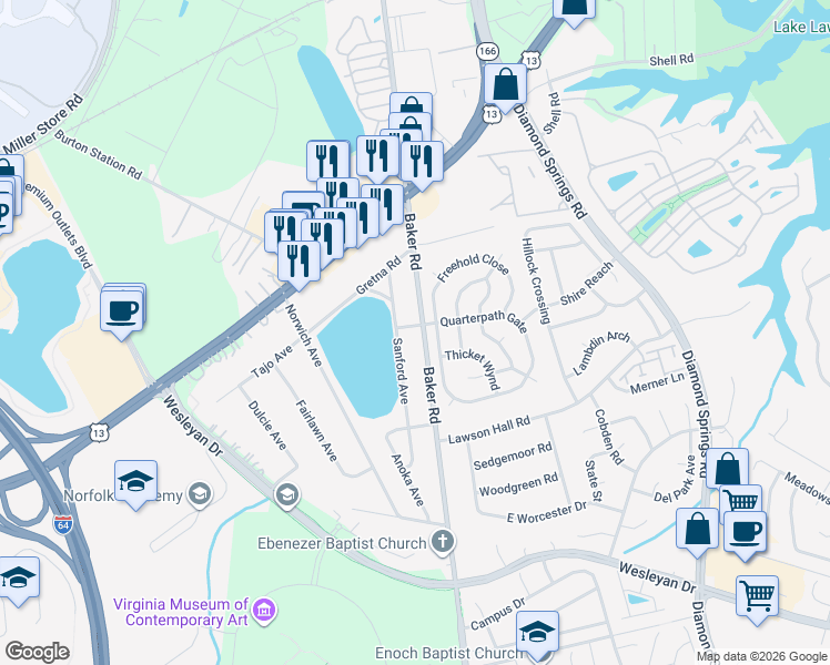 map of restaurants, bars, coffee shops, grocery stores, and more near 1084 Sanford Avenue in Virginia Beach