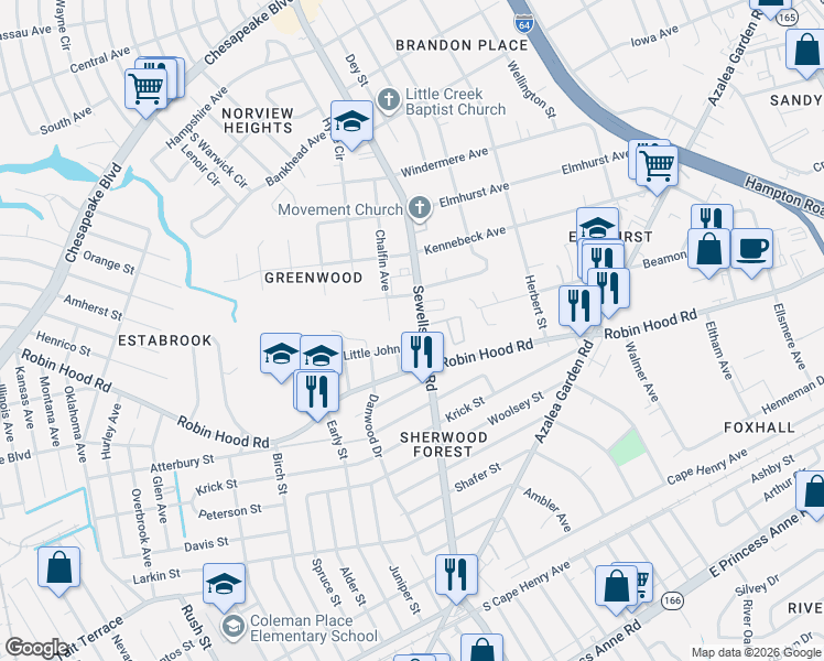 map of restaurants, bars, coffee shops, grocery stores, and more near 4730 Little John Drive in Norfolk
