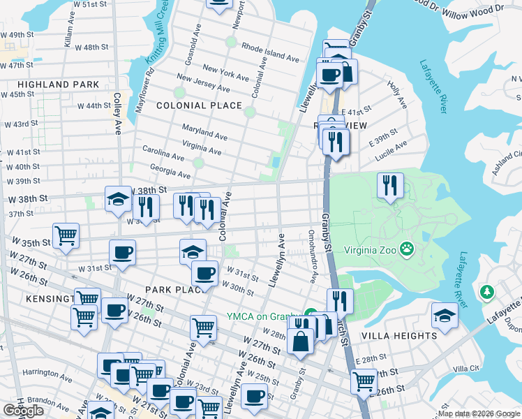map of restaurants, bars, coffee shops, grocery stores, and more near 319 West 36th Street in Norfolk