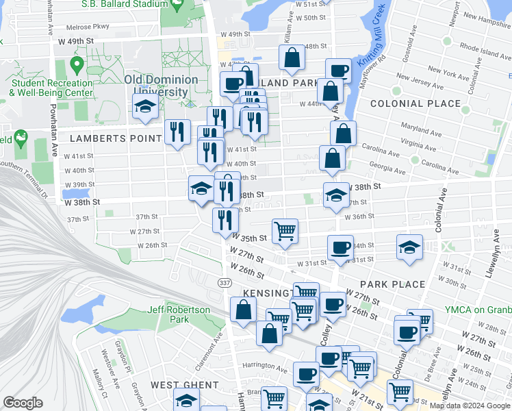 map of restaurants, bars, coffee shops, grocery stores, and more near 1049 37th Street in Norfolk