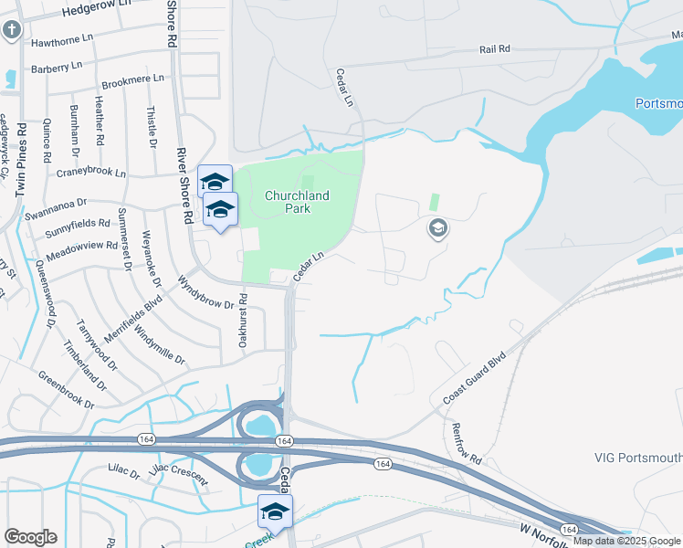 map of restaurants, bars, coffee shops, grocery stores, and more near 4201 Cedar Lane in Portsmouth