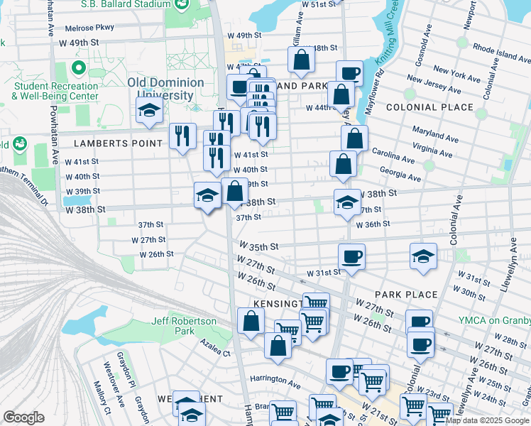 map of restaurants, bars, coffee shops, grocery stores, and more near 1036 West 37th Street in Norfolk