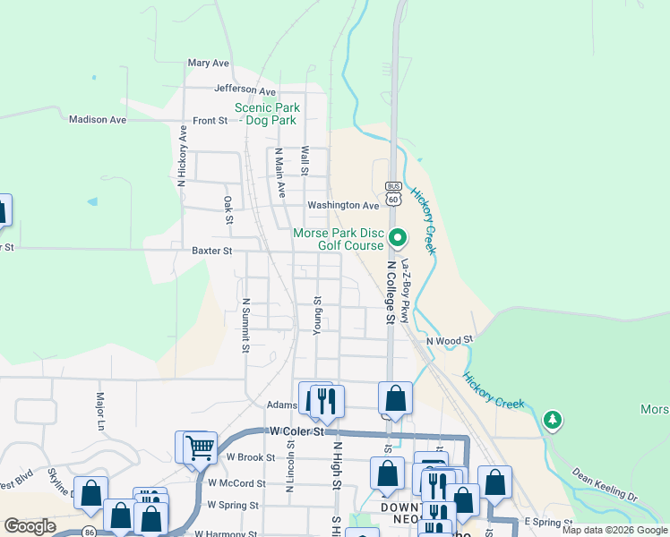 map of restaurants, bars, coffee shops, grocery stores, and more near 901-999 Young Street in Neosho
