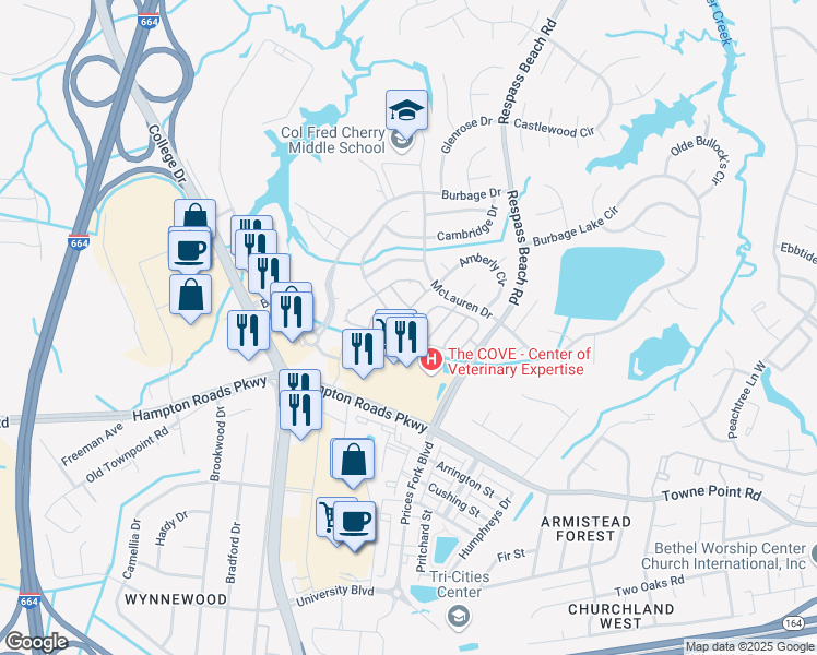 map of restaurants, bars, coffee shops, grocery stores, and more near 124 Stoney Ridge Avenue in Suffolk