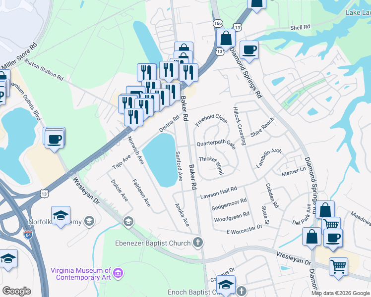 map of restaurants, bars, coffee shops, grocery stores, and more near 1084 Sanford Avenue in Virginia Beach