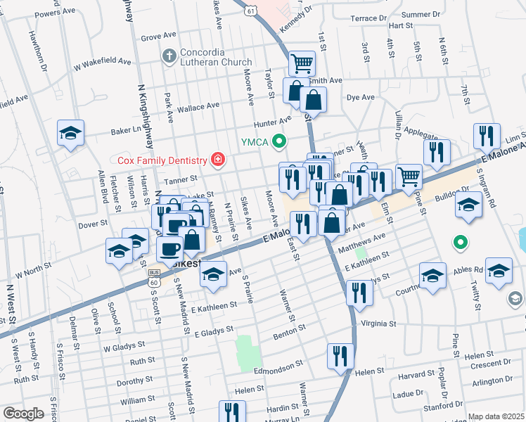map of restaurants, bars, coffee shops, grocery stores, and more near 522 East Center Street in Sikeston