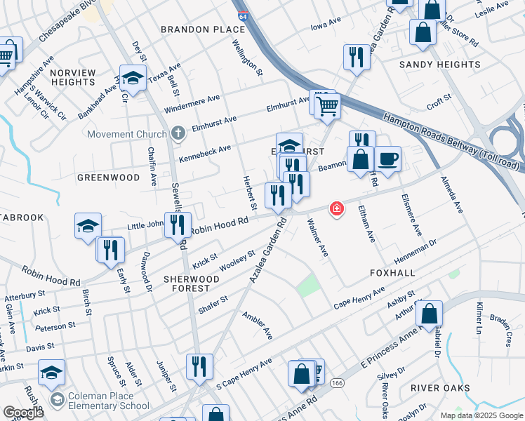 map of restaurants, bars, coffee shops, grocery stores, and more near 4894 Robin Hood Road in Norfolk