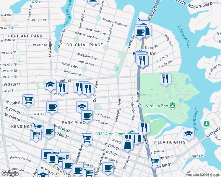 map of restaurants, bars, coffee shops, grocery stores, and more near 319 West 36th Street in Norfolk