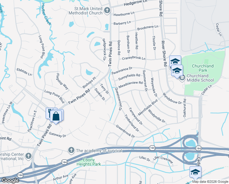 map of restaurants, bars, coffee shops, grocery stores, and more near 4110 Queenswood Drive in Portsmouth