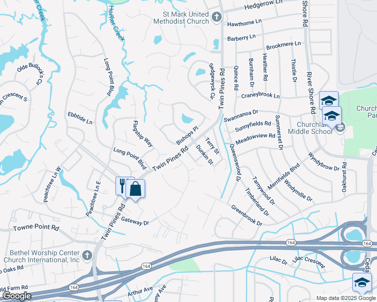 map of restaurants, bars, coffee shops, grocery stores, and more near 4100 Twin Pines Road in Portsmouth