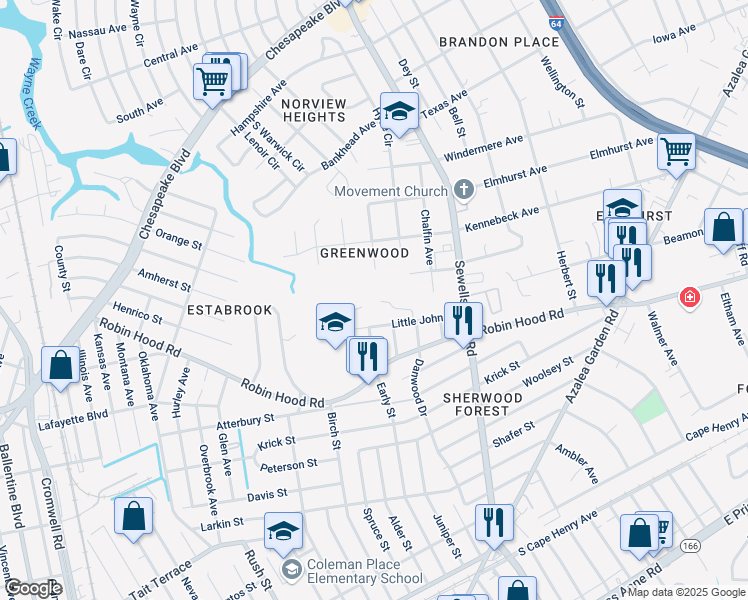 map of restaurants, bars, coffee shops, grocery stores, and more near 4563 Shoshone Court in Norfolk