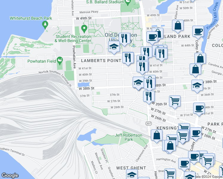 map of restaurants, bars, coffee shops, grocery stores, and more near 1347 West 38th Street in Norfolk