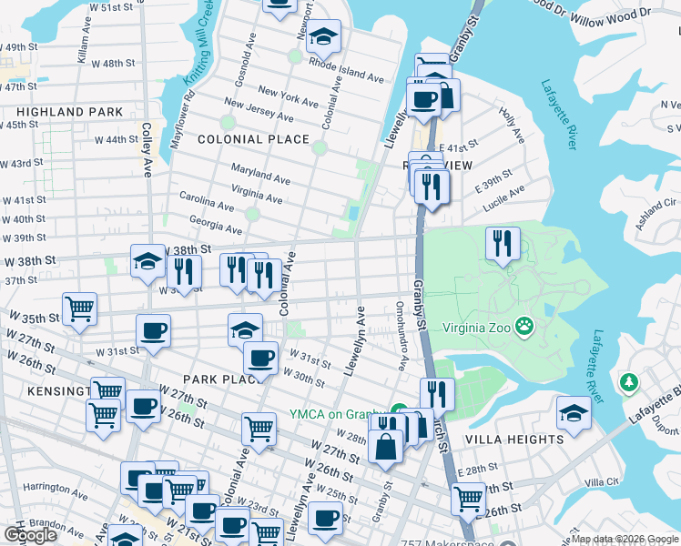 map of restaurants, bars, coffee shops, grocery stores, and more near 319 West 36th Street in Norfolk