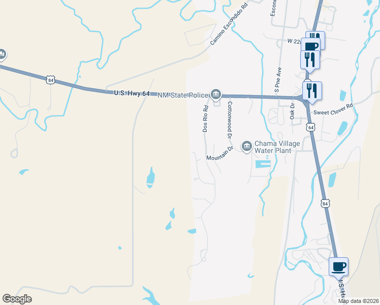 map of restaurants, bars, coffee shops, grocery stores, and more near 2495 Rio Chamita Trail in Chama
