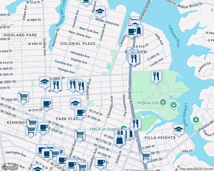 map of restaurants, bars, coffee shops, grocery stores, and more near 308 West 36th Street in Norfolk