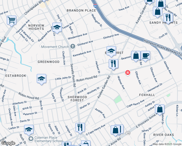 map of restaurants, bars, coffee shops, grocery stores, and more near 4864 Robin Hood Road in Norfolk