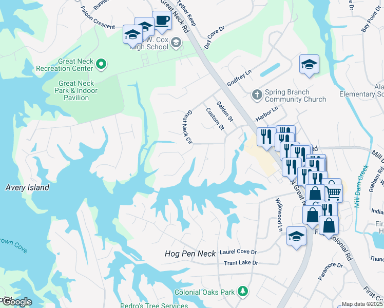 map of restaurants, bars, coffee shops, grocery stores, and more near 2405 Twin Lake Rd in Virginia Beach