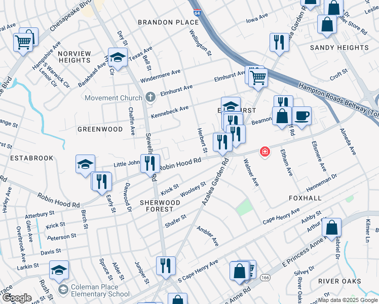 map of restaurants, bars, coffee shops, grocery stores, and more near 4864 Robin Hood Road in Norfolk
