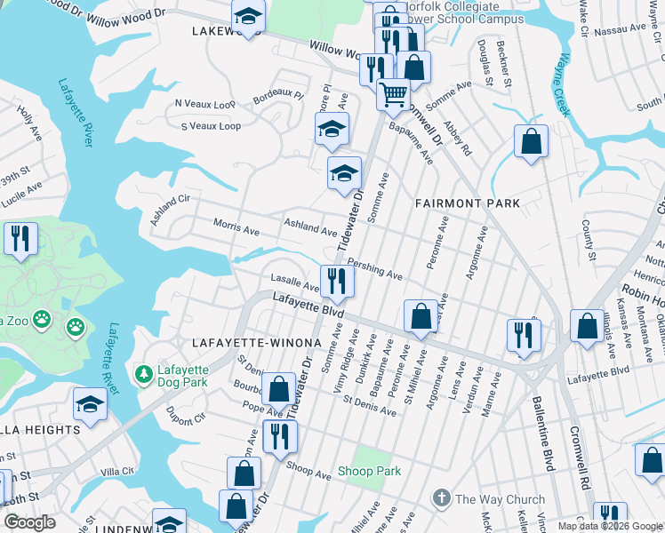 map of restaurants, bars, coffee shops, grocery stores, and more near 3240 Tidewater Drive in Norfolk