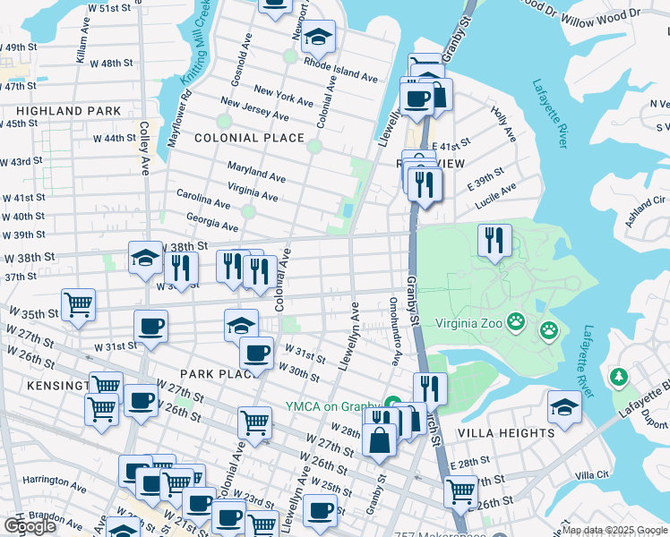 map of restaurants, bars, coffee shops, grocery stores, and more near 319 West 36th Street in Norfolk
