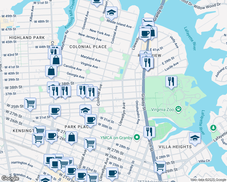 map of restaurants, bars, coffee shops, grocery stores, and more near 407 West 36th Street in Norfolk