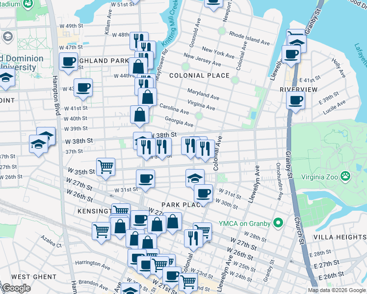 map of restaurants, bars, coffee shops, grocery stores, and more near 618 West 36th Street in Norfolk