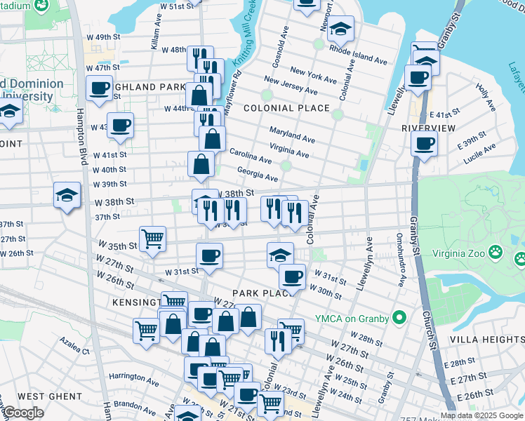 map of restaurants, bars, coffee shops, grocery stores, and more near 618 West 36th Street in Norfolk