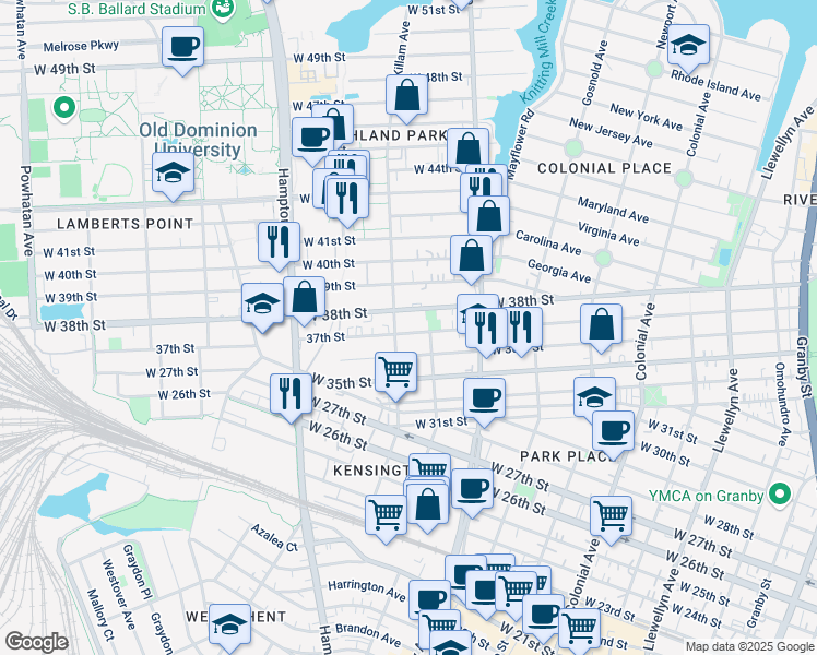 map of restaurants, bars, coffee shops, grocery stores, and more near 859 37th Street in Norfolk